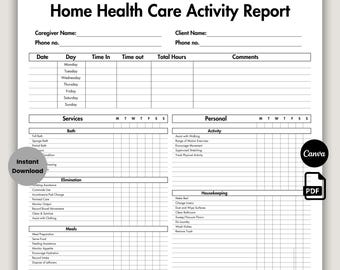 Editable Home Health Caregiver Activity Report, Caregiver Checklist Template, Caregiver Timecard, Printable Elder Care Checklist, Task Sheet
