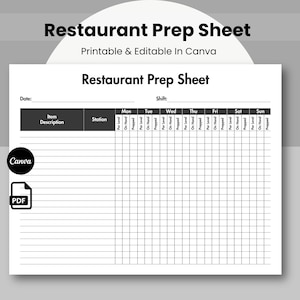 Restaurant Prep Sheet Template Black, Printable Restaurant Prep Checklist, Food Prep Chart Form, Restaurant Opening, Editable stock list