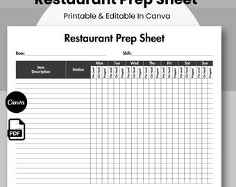 Restaurant Prep Sheet Template Black, Printable Restaurant Prep Checklist, Food Prep Chart Form, Restaurant Opening, Editable stock list