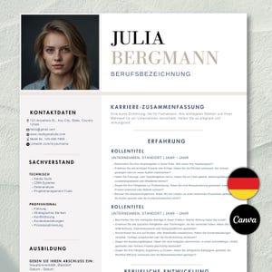 May include: A German language CV template featuring a woman's photograph at the top. The CV includes sections for contact details, career summary, experience, skills, and education. The template is designed to be professional and easy to read.