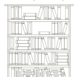 Könnte beinhalten: Schwarz-weiße Illustration eines Bücherregals mit Büchern. Der Text "Read with Jenna Reading Challenge" steht oben. Das Bücherregal enthält Bücher, einige aufrecht, andere liegend. Auf dem untersten Regal sind Buchtitel zu sehen.