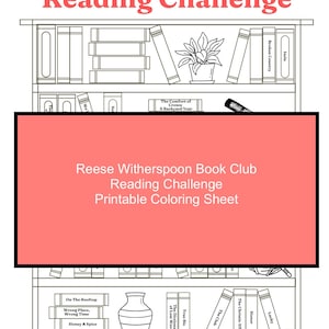 Puede incluir: Una hoja de colorear imprimible en blanco y negro que representa una estantería con libros y una planta. El texto "Reese Witherspoon Book Club Reading Challenge Printable Coloring Sheet" está en la hoja.