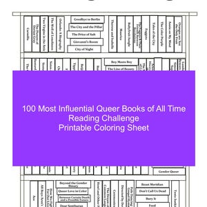 May include: A printable colouring sheet featuring a list of 100 influential queer books of all time. The sheet is divided into a grid with the titles of the books listed in each square. The sheet is designed to be coloured in.