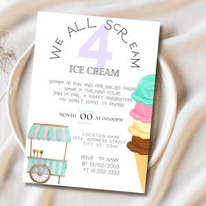 We All Scream 4 Ice Cream- Fourth Birthday Theme- Digital Download- Canva Editable- Customizable