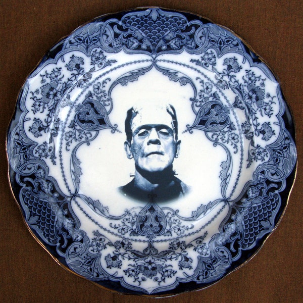 Flow Blue Frankenstien Portrait Plate - Altered Antique Plate
