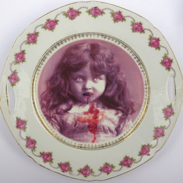 Lucy the Zombie Girl Portrait  - Altered Antique Plate, Serving Platter