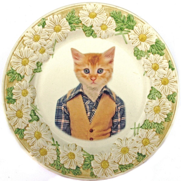 SALE - Damaged - Tommy Cat, School Portrait - Altered Vintage Plate, 10.5"