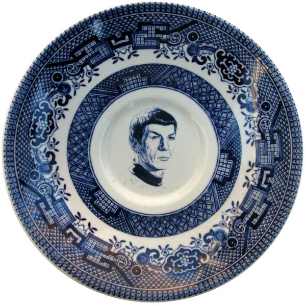 SALE - Flow Blue Spock Portrait Plate - Altered Vintage Teacup Saucer plate 5.6"