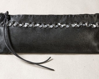 Hand Made Black Leather Clutch with Octagon Crystals