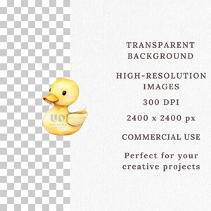 Puede incluir: Una ilustraci&oacute;n de acuarela de un pato de goma amarillo con un pico y alas blancas. El pato est&aacute; sentado sobre un fondo blanco con texto que dice "TRANSPARENT BACKGROUND", "HIGH-RESOLUTION IMAGES", "300 DPI", "2400 x 2400 px", "COMMERCIAL USE", "Perfecto para tus proyectos creativos".