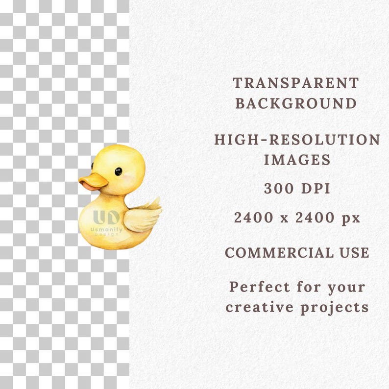 Puede incluir: Una ilustraci&oacute;n de acuarela de un pato de goma amarillo con un pico y alas blancas. El pato est&aacute; sentado sobre un fondo blanco con texto que dice "TRANSPARENT BACKGROUND", "HIGH-RESOLUTION IMAGES", "300 DPI", "2400 x 2400 px", "COMMERCIAL USE", "Perfecto para tus proyectos creativos".