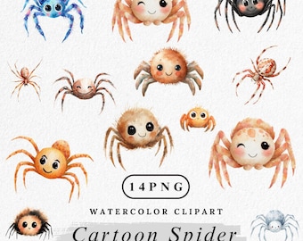 Cartoon Spinne Clipart, süße Spinne PNG Bundle, Insekt Clip Art, gruselige Käfer Digital Download, lustige gruselige Krabbeltiere, Aquarell Spinne Bild