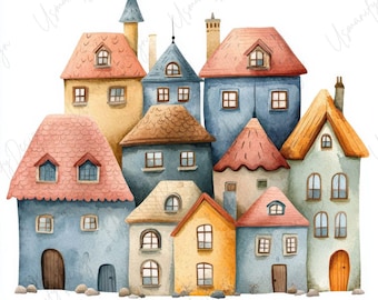 24 Watercolor Cottage House Clipart, Village Art, Whimsical Architecture, Cozy Home, Junk Journal, Scrapbook, Paper Craft, High Quality JPG
