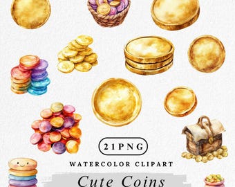 Gold Coin Watercolor Clipart Bundle: Treasure Art PNG (Digital Download)