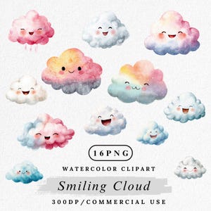 Smiling Cloud Clipart, Cute Weather PNG, Kawaii Cloud, Watercolor Cloud Clip Art, Cartoon Cloud PNG Bundle, Nursery Sky Clipart, Digital