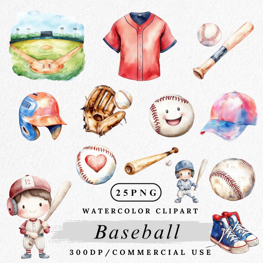 Watercolor Baseball Clipart Bundle: Sports PNG Graphics (digital ...