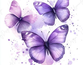 17 Purple Butterfly Clipart, Watercolor Butterfly, Elegant Insect Art, Lavender Wings Painting, Cardmaking, Paper Craft, High Quality JPG