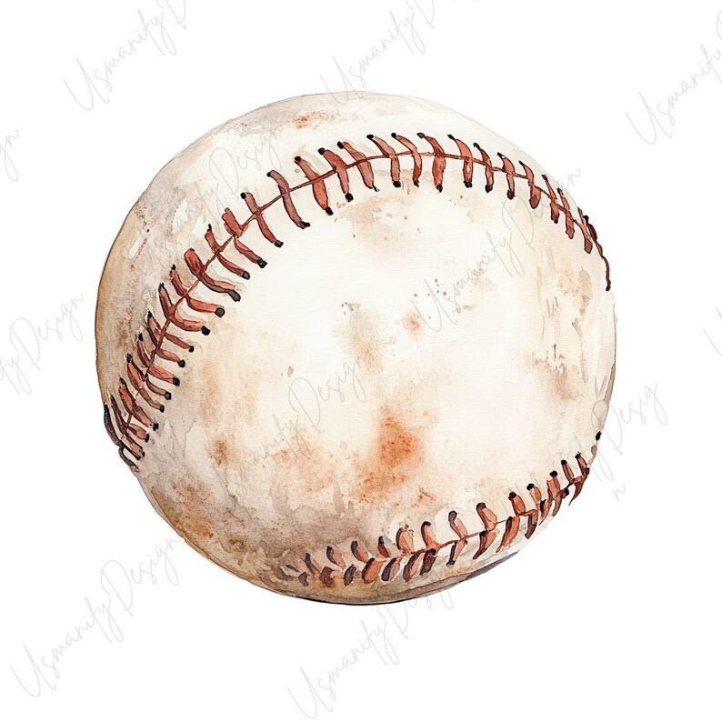 May include: Watercolor illustration of a baseball. The ball is off-white with brown stitching. The ball has a distressed, vintage look, with brown shading and a textured appearance. The image is set against a white background.