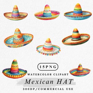 May include: Watercolor clipart of seven colorful Mexican sombreros. Each hat features a wide brim and a tall, conical crown, adorned with vibrant patterns and designs. The image includes text that reads "Mexican HAT".