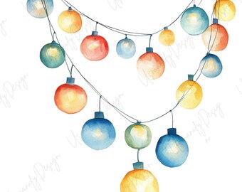 13 Watercolor Decorative String Lights Art, Festive Bulb Garland Clipart, Colorful Hanging Lights, Scrapbook, Paper Craft, High Quality PNG