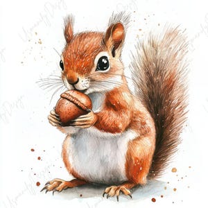 Puede incluir: Ilustración en acuarela de una ardilla sosteniendo una bellota. La ardilla tiene pelaje marrón rojizo, una cola tupida y ojos grandes y oscuros. La bellota es marrón con una tapa texturizada. El fondo es blanco con sutiles salpicaduras de pintura marrón.