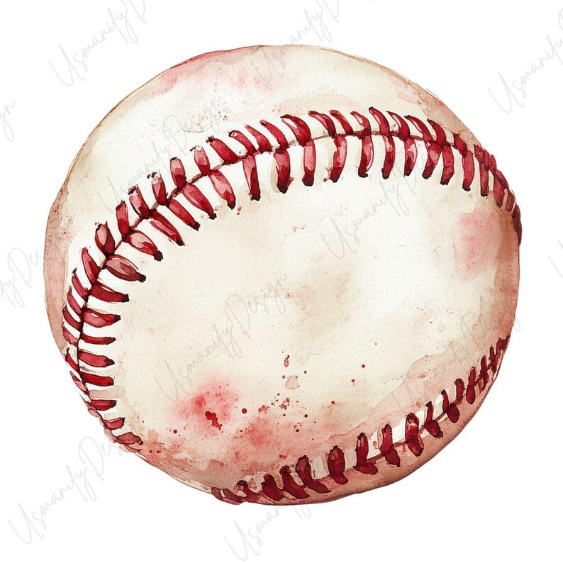 May include: Watercolor baseball with red stitching and subtle pink and brown shading. The baseball is a classic design, perfect for sports enthusiasts and decor.