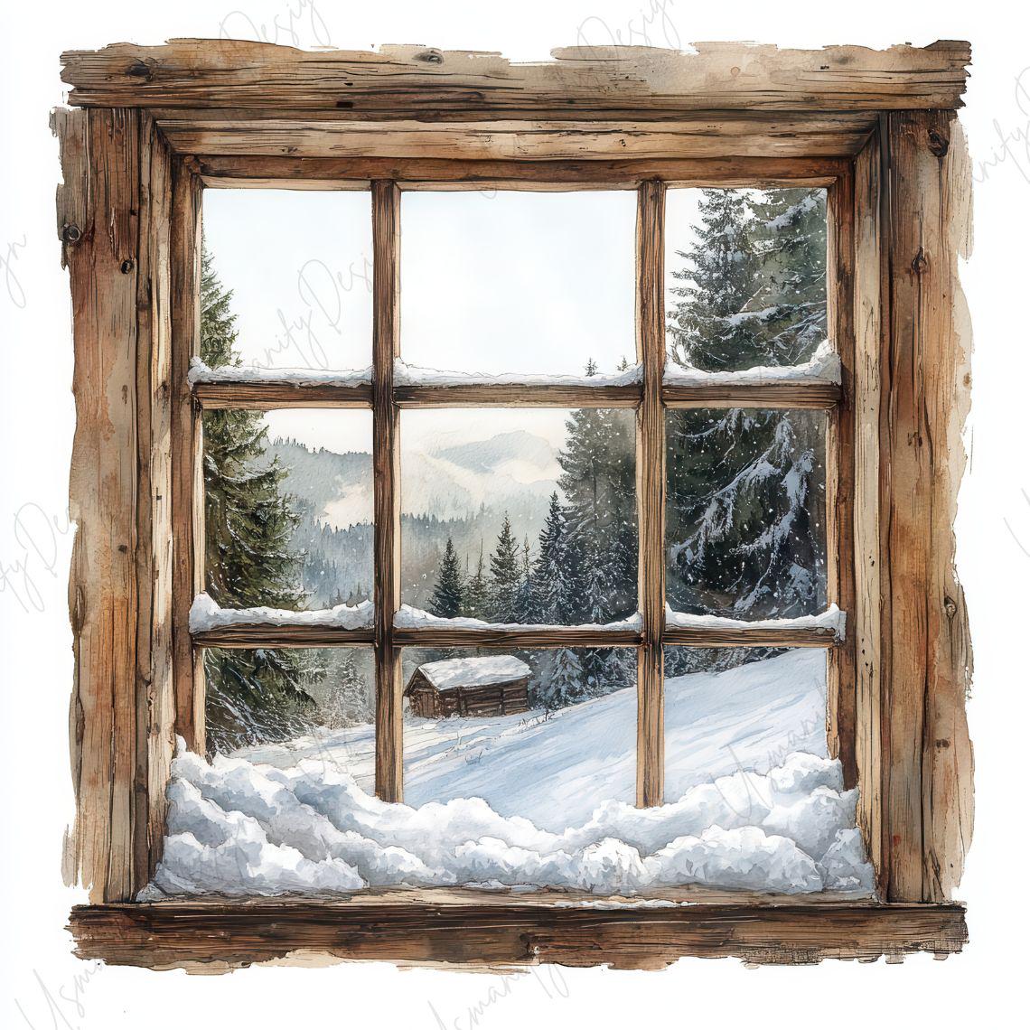 40 Winter Window Scene Clipart, Cozy Cottage View Illustration, Snowy ...