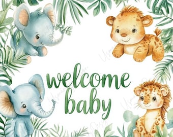 May include: A watercolor illustration featuring two blue elephants and two lion cubs surrounded by tropical leaves. The words "welcome baby" are written in green script in the center of the image.