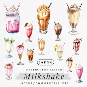 Clipart milkshake, aquarel milkshakes png-bundel, aardbei-chocolade-vanillemilkshake png&#39;s, ijsdrankjes, schattige milkshakekunst