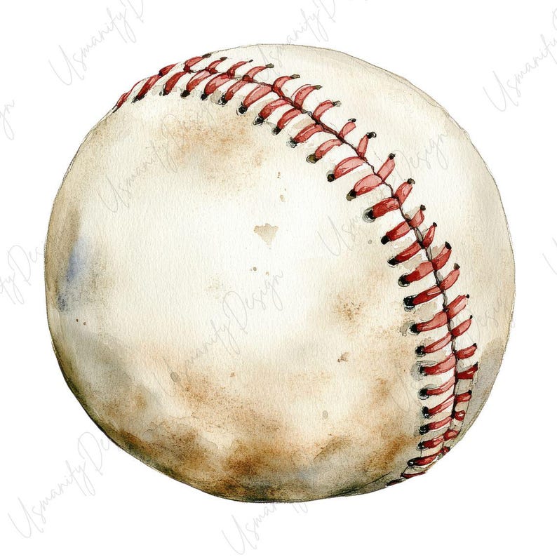 May include: Watercolor illustration of a baseball. The ball is off-white with red stitching and brown shading, giving it a vintage look. The stitching is detailed, and the overall design is realistic.