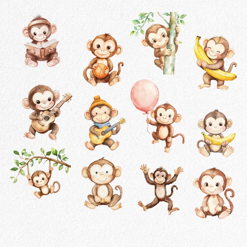 Monkey Clipart Bundle, Cute Monkey Character PNGs, Jungle Animal Clipart, Cartoon Monkey art, Kawaii Safari Animals, Watercolor Monkey PNG image 3