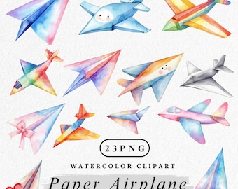 Akvarell pappersflygplan Clipart: Flygresetema (digital nedladdning, 23 PNG-bilder