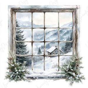 Peut inclure: Peinture à l'aquarelle d'une scène hivernale vue à travers une fenêtre rustique. La scène présente un paysage enneigé avec un chalet, des arbres à feuilles persistantes et des montagnes. Des branches de pin enneigées encadrent la fenêtre.