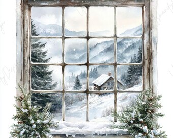 40 Winter Window Scene Clipart, Cozy Cottage View Illustration, Snowy Forest Art, Book Nook Decor, Rustic Printable, High Quality JPGs
