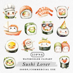 Sushi Clipart Bundle, Cute Sushi Character PNGs, Kawaii Sushi Illustrations, Cartoon Japanese Food Clipart, Watercolor Sushi PNG, Asian