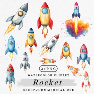 Rocket Clipart, Watercolor Rocket PNG, Space Clip Art, Cartoon Rockets, Outer Space PNG, Cute Rocket Ship, Digital Download, Paper Crafting