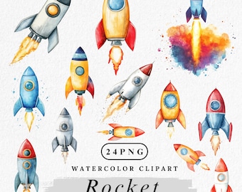 Watercolor Rocket Clipart: Space PNG Graphics (Digital Download)