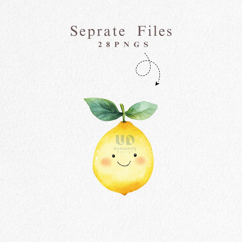 Peut inclure: Une illustration aquarelle d'un citron jaune avec un visage souriant et des feuilles vertes. Le citron porte un petit logo "UD" qui signifie "Usmanify Design".