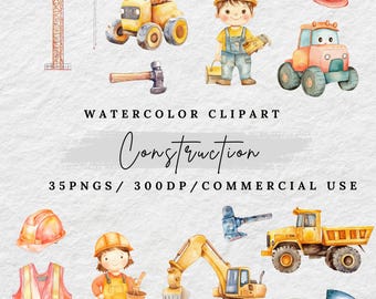 Watercolor Construction Clipart: Trucks, Tools, and Builder (Digital Download)