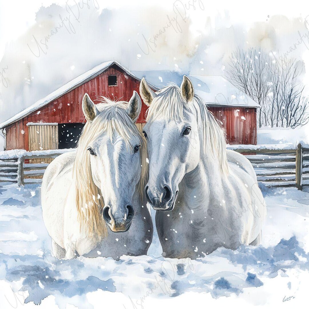 9 Winter Horse Farm Clipart, Rustic Red Barn Watercolor Scene, Snow ...