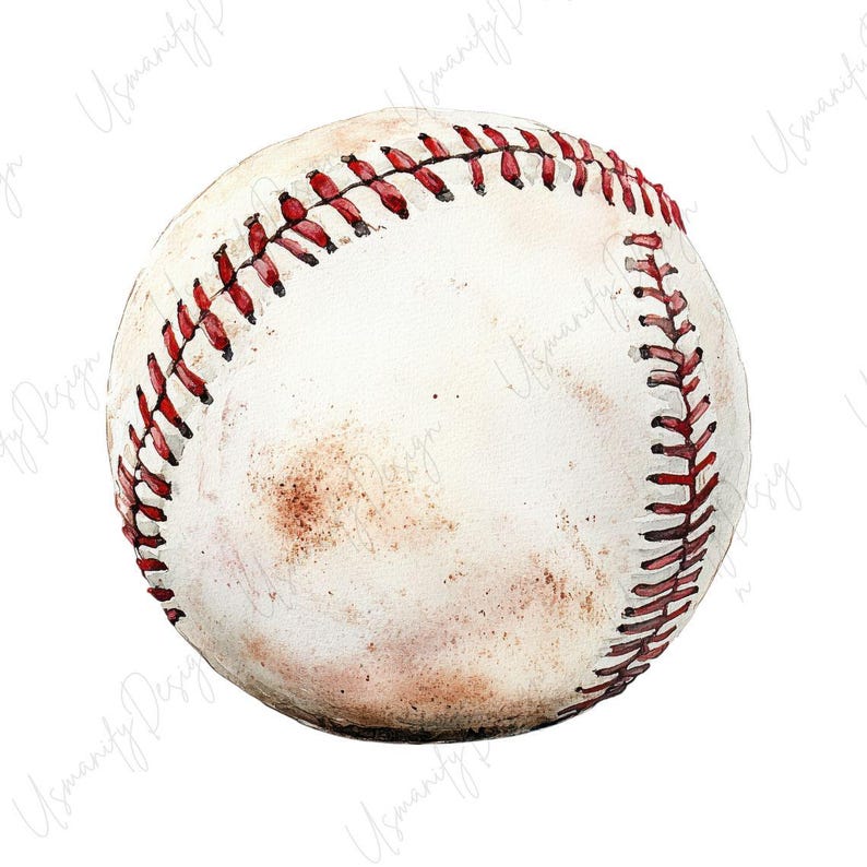 May include: A watercolor illustration of a baseball. The ball is white with red stitching and has brown spots. The baseball is a classic sports item.