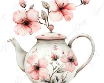 23 Watercolor Floral Teapot Clipart, Vintage Teapot PNG, Botanical Tea Pot, Junk Journal, Paper Craft, Scrapbook Stickers, High Quality PNGs