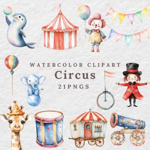 21 Clipart cirque aquarelle, carnaval vintage, tente chapiteau, clown, chef de piste, monocycle, canon de cirque, tambour, décoration de chambre d'enfant de cirque