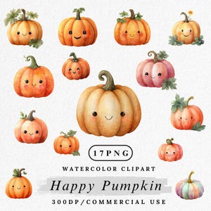 Peut inclure: Clipart aquarelle représentant 12 citrouilles souriantes de différentes couleurs orange, rose et vert. Les citrouilles ont des visages amicaux et sont entourées de feuilles vertes. Le texte comprend "Happy Pumpkin" et "300DP/COMMERCIAL USE".