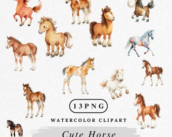 Cute Horse Clipart, Watercolor Pony PNG Bundle, Baby Horse Illustration, Farm Animal Clip Art, Cartoon Pony PNG Set, Nursery Horse Art