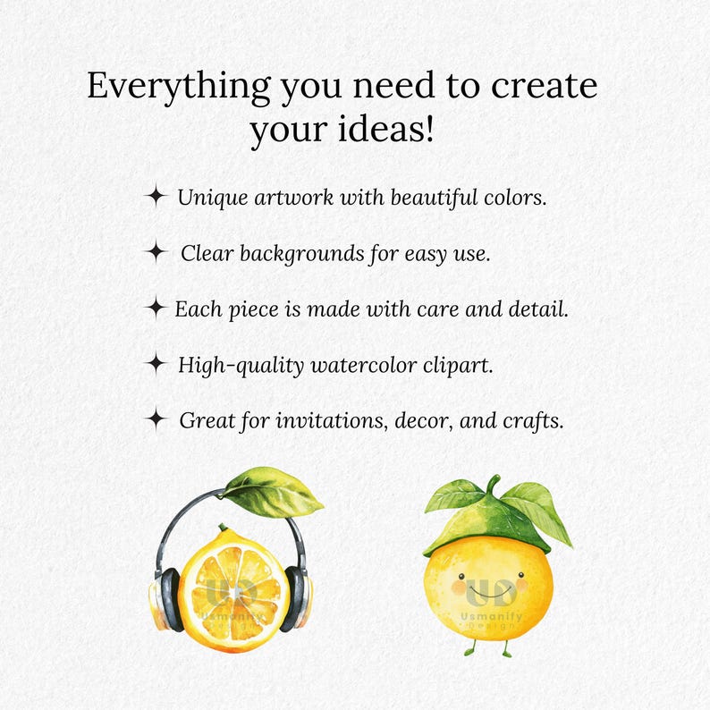 Peut inclure: Clipart aquarelle repr&eacute;sentant deux citrons avec des visages. Un citron porte des &eacute;couteurs et l'autre a une feuille verte sur la t&ecirc;te. Le texte "Tout ce dont vous avez besoin pour cr&eacute;er vos id&eacute;es !" est en haut de l'image. Le texte "Illustrations uniques aux couleurs magnifiques. Fonds clairs pour une utilisation facile. Chaque pi&egrave;ce est r&eacute;alis&eacute;e avec soin et d&eacute;tails. Clipart aquarelle de haute qualit&eacute;. Id&eacute;al pour les invitations, la d&eacute;coration et l'artisanat." est sous les citrons.