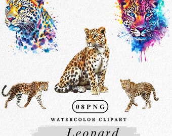 Watercolor Leopard Clipart: Jungle Cat PNG Images (Commercial Use, Digital Download)