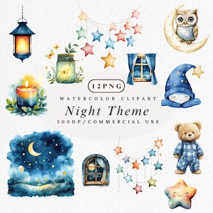 Night Theme Clipart: Watercolor Moon & Stars PNG Bundle, Celestial Sky Illustration Digital Download, Dreamy Night Clip Art, Commercial Use