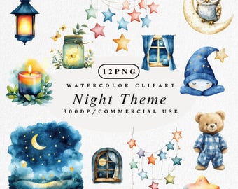 Night Theme Clipart: Watercolor Moon & Stars PNG Bundle, Celestial Sky Illustration Digital Download, Dreamy Night Clip Art, Commercial Use