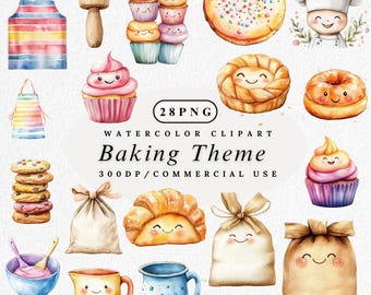 Clipart thème de cuisson : aquarelle cuisine PNG Bundle, dessert mignon illustration téléchargement numérique, outils de cuisson Clip Art, usage Commercial